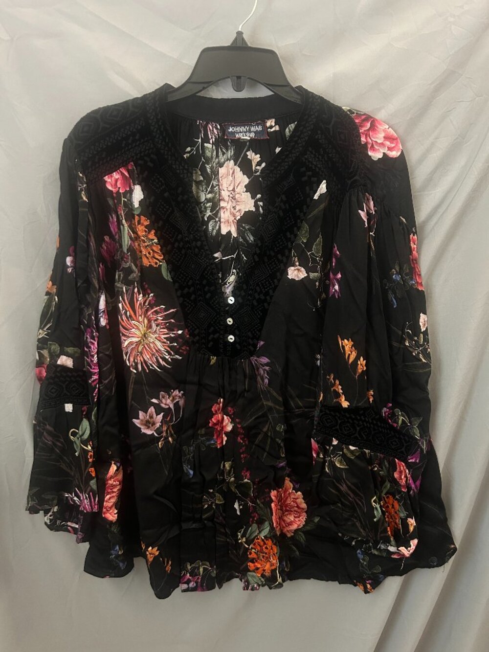 Johnny Was Workshop Silk Blend/Velvet Effortless Blouse Floral Black Size Medium